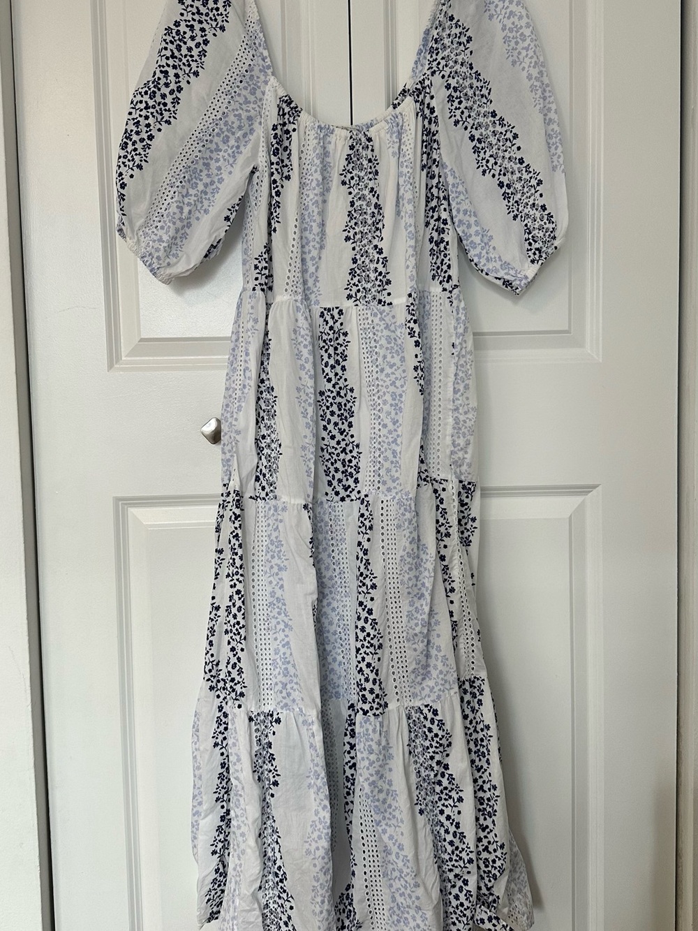 Zara Blue White Floral Puff Sleeve Tiered Maxi Dress Size S US 4